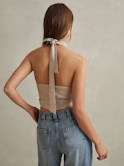 Reiss Neutral Abigail Linen Halter Neck Cropped Top - Image 4 of 5