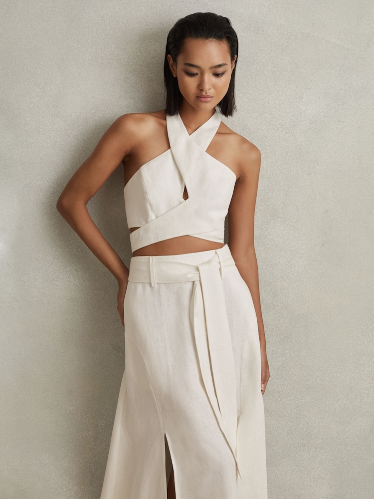 Reiss White Abigail Linen Halter Neck Cropped Top - Image 1 of 6