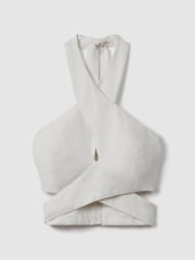 Reiss White Abigail Linen Halter Neck Cropped Top - Image 2 of 6