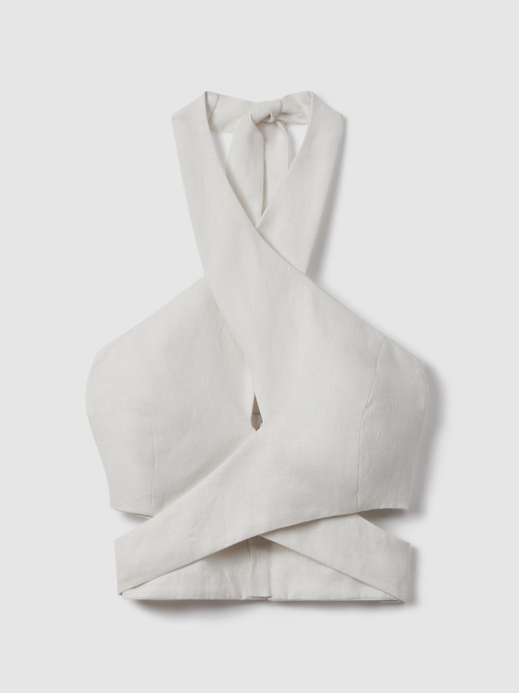 Reiss White Abigail Linen Halter Neck Cropped Top - Image 2 of 6