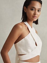 Reiss White Abigail Linen Halter Neck Cropped Top - Image 3 of 6