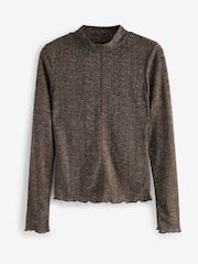Chocolate Brown Cosy Rib Sparkle High Neck Long Sleeve Top - Image 5 of 6