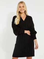 Threadbare Black V-Neck Chunky Cable Knit Jumper Dress - Image 1 of 4