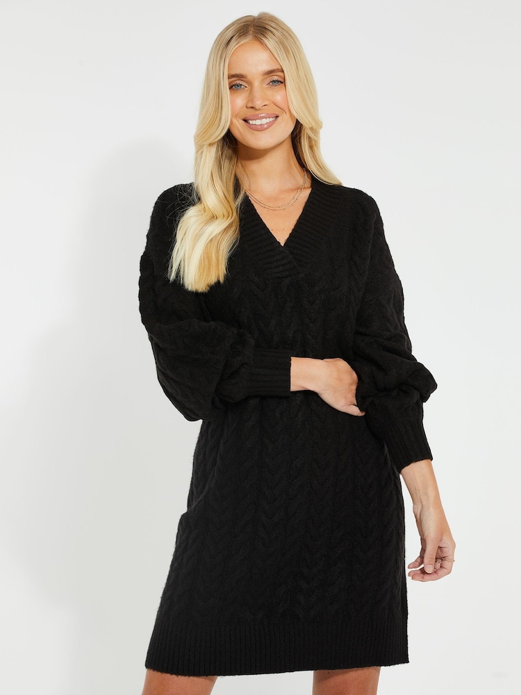 Threadbare Black V-Neck Chunky Cable Knit Jumper Dress - Image 1 of 4