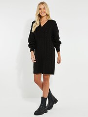 Threadbare Black V-Neck Chunky Cable Knit Jumper Dress - Image 3 of 4