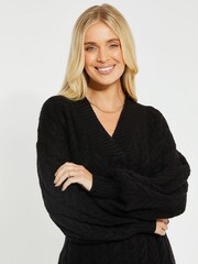 Threadbare Black V-Neck Chunky Cable Knit Jumper Dress - Image 4 of 4