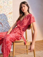 Red William Morris Printed Plisse V-Neck Belted Jumpsuit - Image 1 of 6