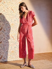 Red William Morris Printed Plisse V-Neck Belted Jumpsuit - Image 2 of 6