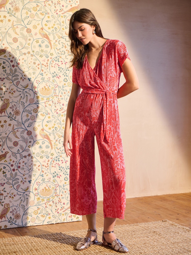 Red William Morris Printed Plisse V-Neck Belted Jumpsuit - Image 2 of 6