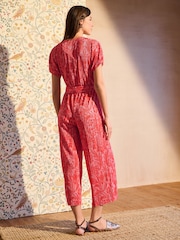 Red William Morris Printed Plisse V-Neck Belted Jumpsuit - Image 3 of 6