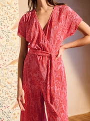 Red William Morris Printed Plisse V-Neck Belted Jumpsuit - Image 4 of 6