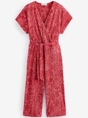 Red William Morris Printed Plisse V-Neck Belted Jumpsuit - Image 5 of 6