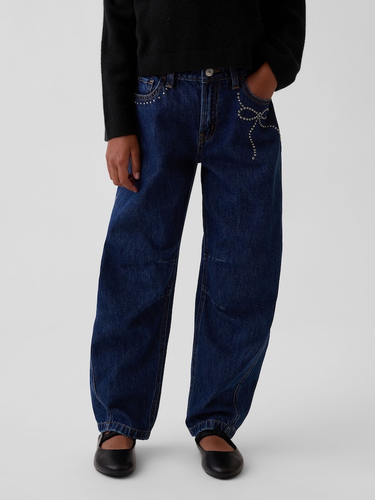 Gap Dark Wash High Waisted Bow Barrel Jeans (5-13yrs) - Image 1 of 5 Gap Dark Wash High Waisted Bow Barrel Jeans (5-13yrs) - Image 1 of 5