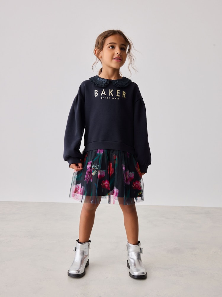 Baker by Ted Baker Navy Sequin Collar Ruffle Floral Sweat Dress - Image 1 of 8