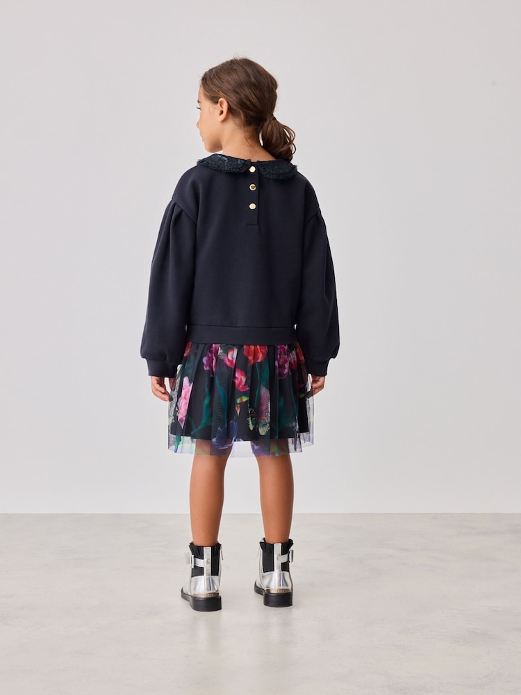 Baker by Ted Baker Navy Sequin Collar Ruffle Floral Sweat Dress - Image 2 of 8