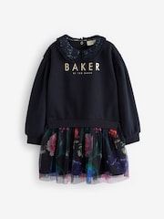 Baker by Ted Baker Navy Sequin Collar Ruffle Floral Sweat Dress - Image 5 of 8