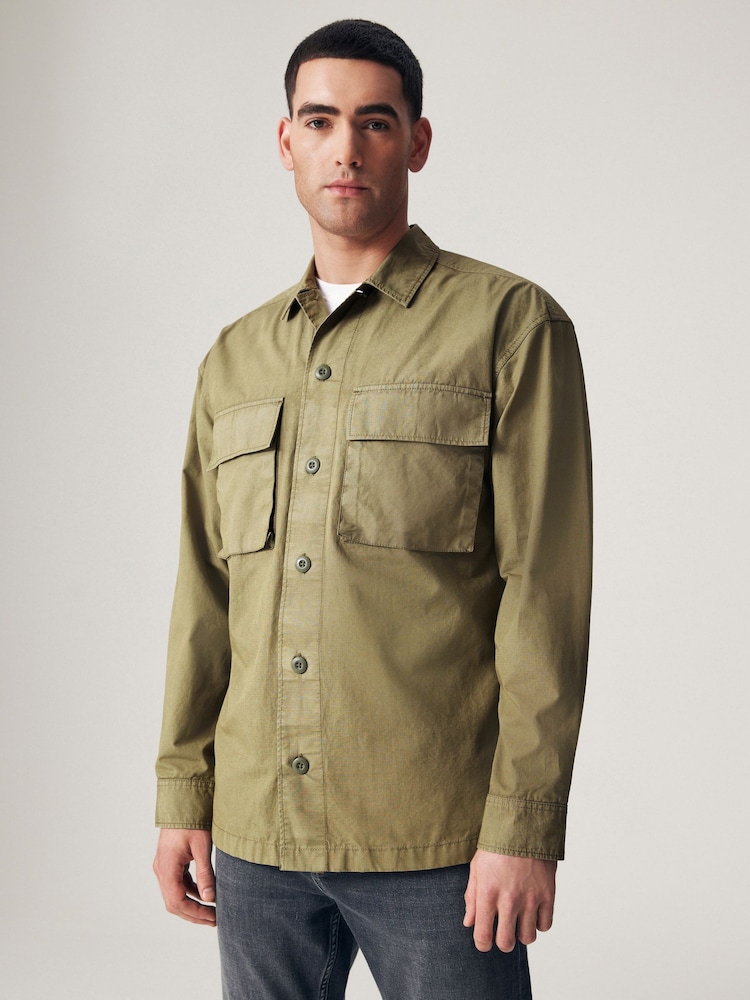 Khaki Green 100% Cotton Ripstop Twin Pocket Shacket Overshirt - Image 1 of 9