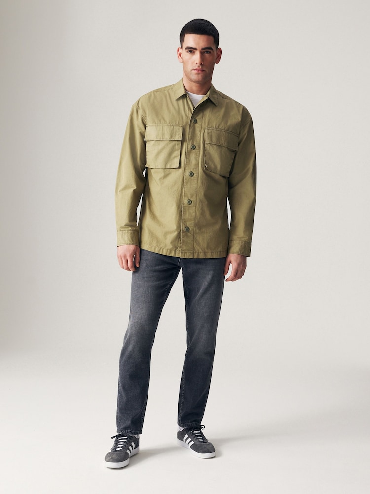 Khaki Green 100% Cotton Ripstop Twin Pocket Shacket Overshirt - Image 2 of 9