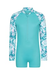 Mountain Warehouse Blue Mira Long Sleeve Kids Rash Shorty Swimsuit - Image 1 of 4