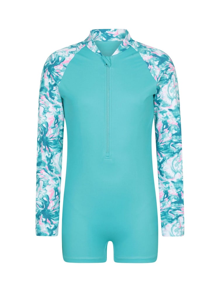 Mountain Warehouse Blue Mira Long Sleeve Kids Rash Shorty Swimsuit - Image 1 of 4