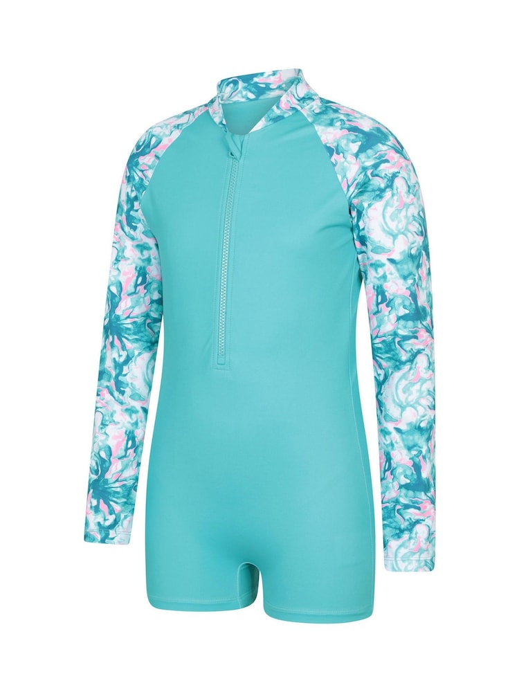 Mountain Warehouse Blue Mira Long Sleeve Kids Rash Shorty Swimsuit - Image 2 of 4