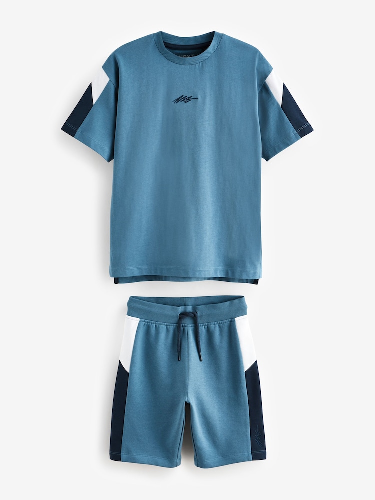 Blue Colourblock 100% Cotton Shorts and T-Shirt Set (3-16yrs) - Image 1 of 4
