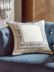 Nina Campbell Navy Blue Suzani Floral Embroidered Border Feather Filled Cushion - Image 1 of 4