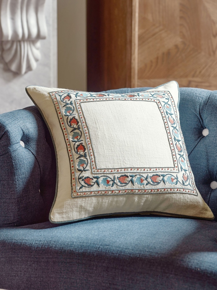 Nina Campbell Navy Blue Suzani Floral Embroidered Border Feather Filled Cushion - Image 1 of 4