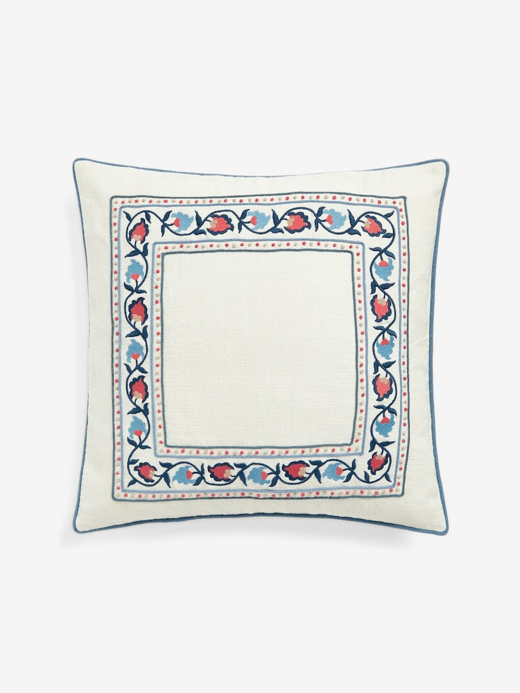 Nina Campbell Navy Blue Suzani Floral Embroidered Border Feather Filled Cushion - Image 2 of 4
