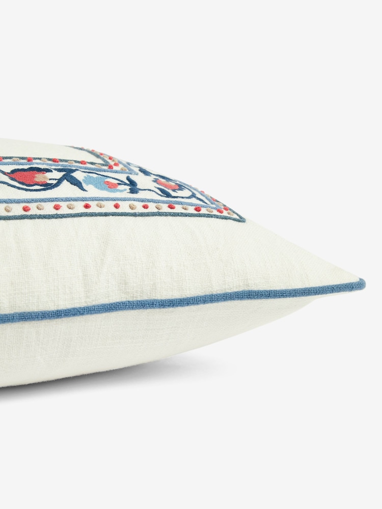 Nina Campbell Navy Blue Suzani Floral Embroidered Border Feather Filled Cushion - Image 4 of 4