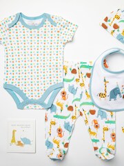 Little Gent Baby Blue Jungle Animal Print 100% Cotton  6 Piece Gift Set - Image 1 of 6