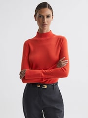 Reiss Coral Kylie Merino Wool Fitted Funnel Neck Top - Image 1 of 5