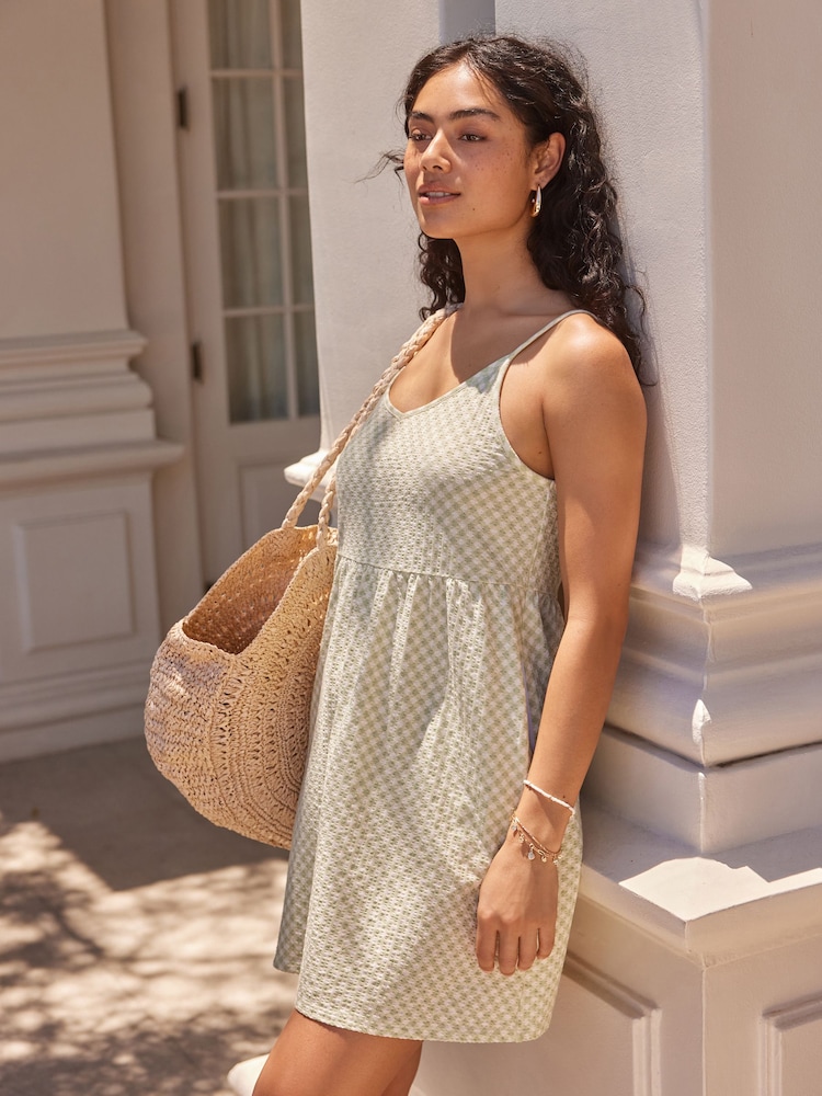 Green Gingham 100% Cotton Seersucker Mini V-Neck Cami Summer Dress - Image 2 of 6