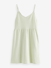 Green Gingham 100% Cotton Seersucker Mini V-Neck Cami Summer Dress - Image 6 of 7