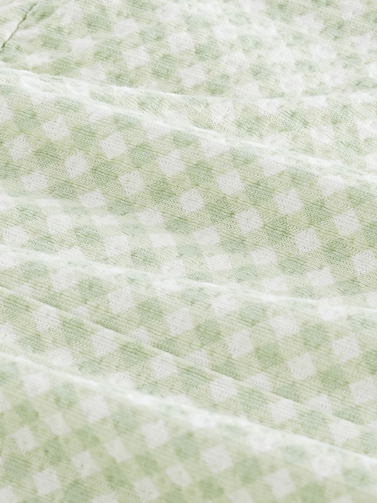 Green Gingham 100% Cotton Seersucker Mini V-Neck Cami Summer Dress - Image 6 of 6
