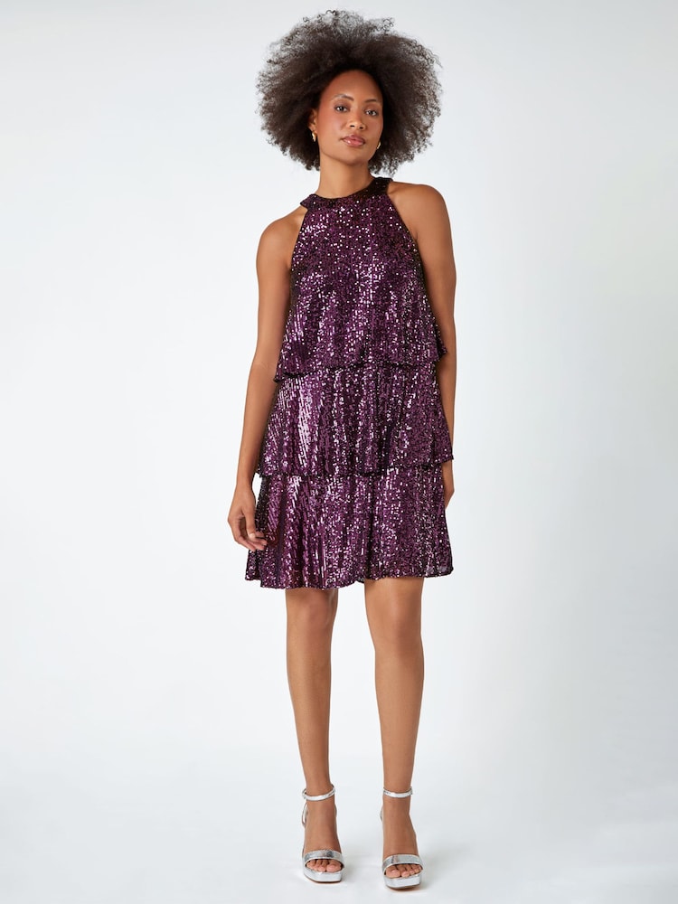 Dusk Purple Sequin Embellished Tiered Party Dress - Image 1 of 5