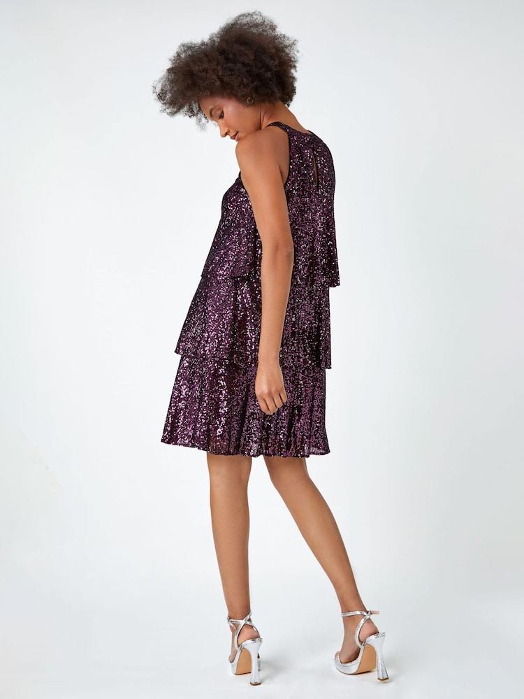 Dusk Purple Sequin Embellished Tiered Party Dress - Image 2 of 5