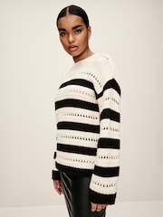 Ecru Cream and Black Stitch Detail Stripe Long Sleeve Jumper - Image 1 of 7