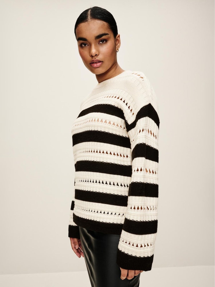 Ecru Cream and Black Stitch Detail Stripe Long Sleeve Jumper - Image 1 of 7
