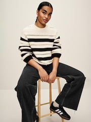 Ecru Cream and Black Stitch Detail Stripe Long Sleeve Jumper - Image 3 of 7