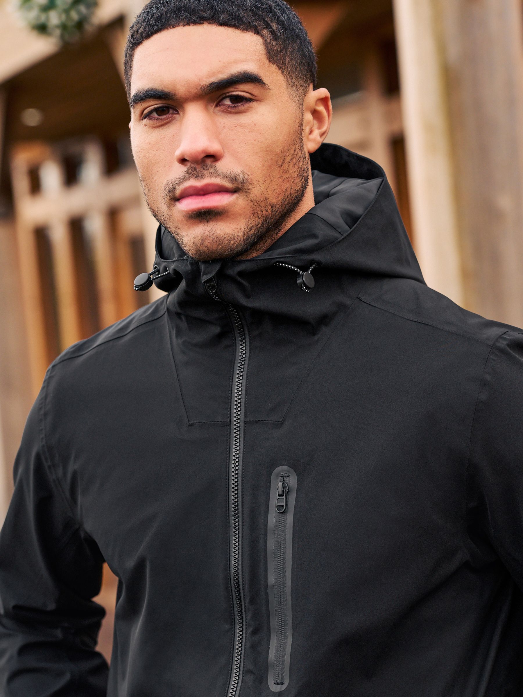 Long Waterproof Hood Jacket With Silver Buttons - Black