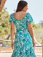 Sosandar Green Fit and Flare Ruffle Neck Dress - Image 2 of 5