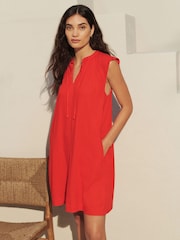 Red Linen Blend Tie Neck Mini Summer Dress - Image 1 of 3