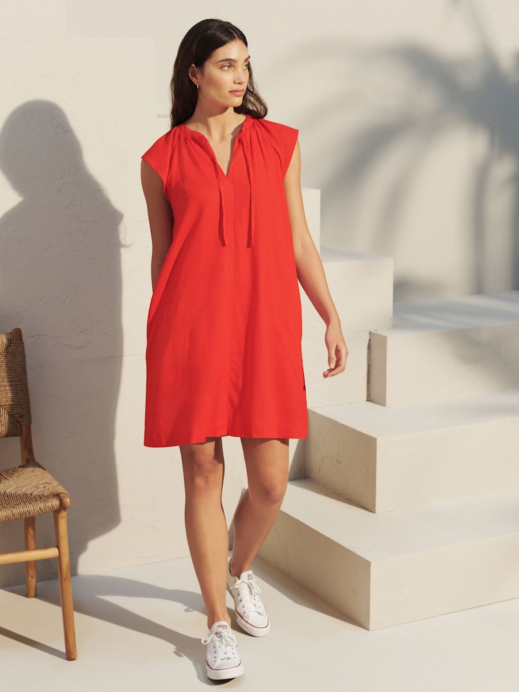 Red Linen Blend Tie Neck Mini Summer Dress - Image 2 of 3