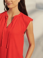 Red Linen Blend Tie Neck Mini Summer Dress - Image 3 of 3