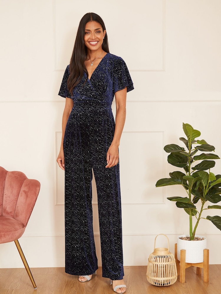 Yumi Blue Sparkle Velvet Jumpsuit - Image 1 of 5