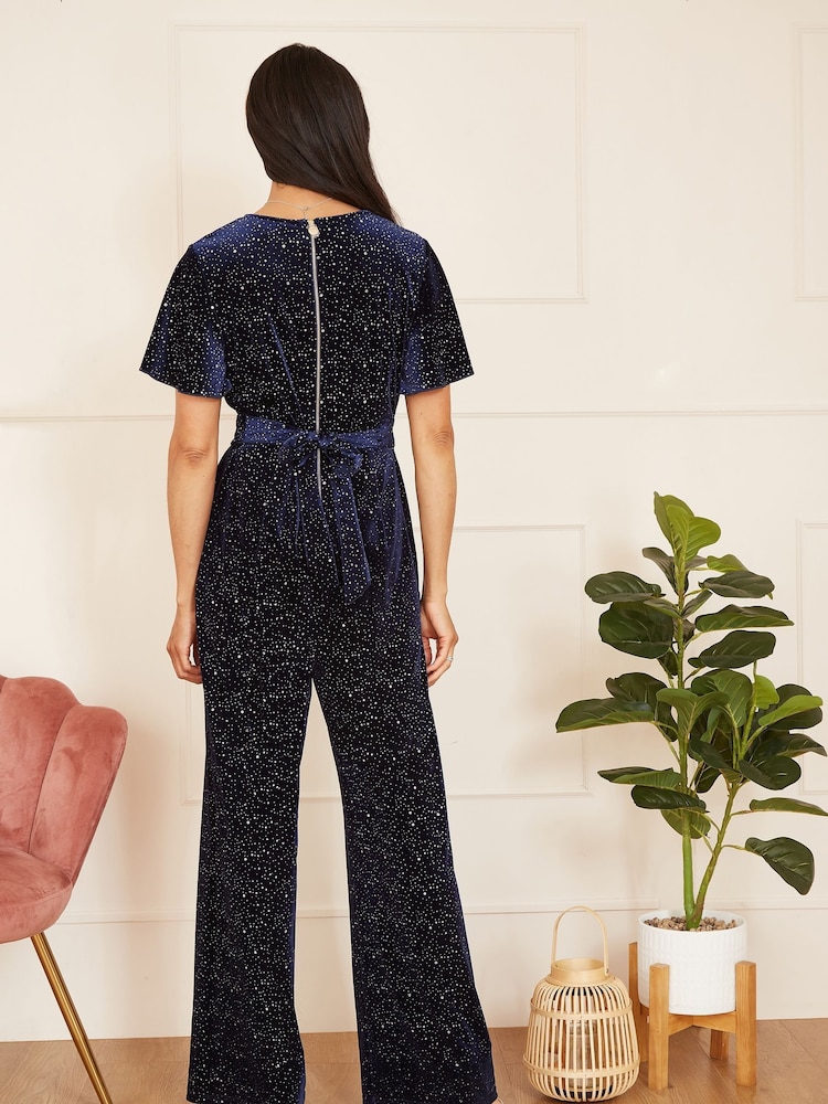 Yumi Blue Sparkle Velvet Jumpsuit - Image 2 of 5