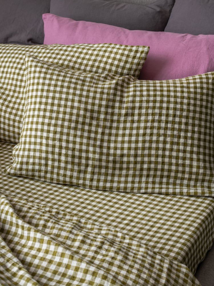 Piglet in Bed Botanical Green Gingham Set of 2 Linen Pillowcases - Image 1 of 3