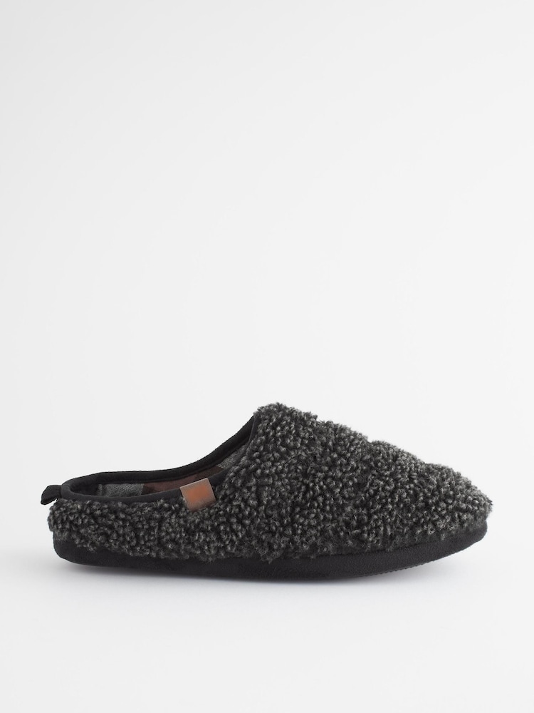 Charcoal Grey Padded Borg Mule Slippers - Image 2 of 7