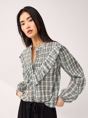 Monochrome Ruffle Check Long Sleeve Blouse - Image 1 of 6